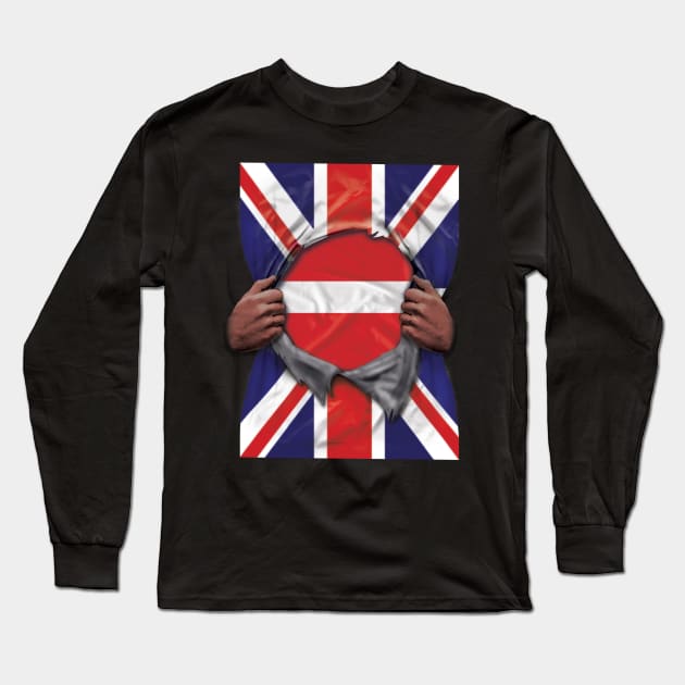Latvia Flag Great Britain Flag Ripped - Gift for Latvian From Latvia Long Sleeve T-Shirt by Country Flags